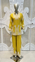 Mehendi Green Geometrical Embroidered Silk Kurta Plazo Set