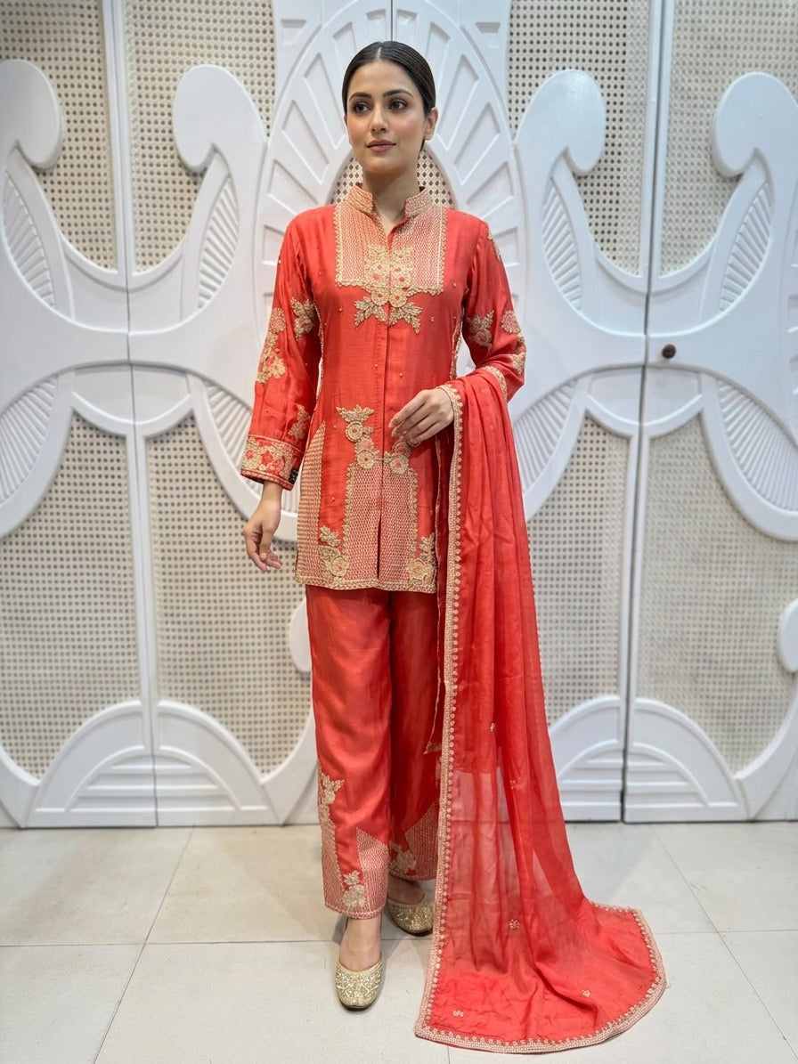 Coral Rust Geometrical Embroidered Silk Kurta Plazo Set