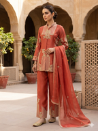 Coral Rust Geometrical Embroidered Silk Kurta Plazo Set