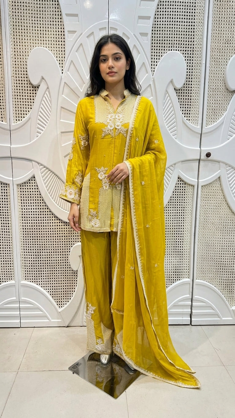 Mehendi Green Geometrical Embroidered Silk Kurta Plazo Set
