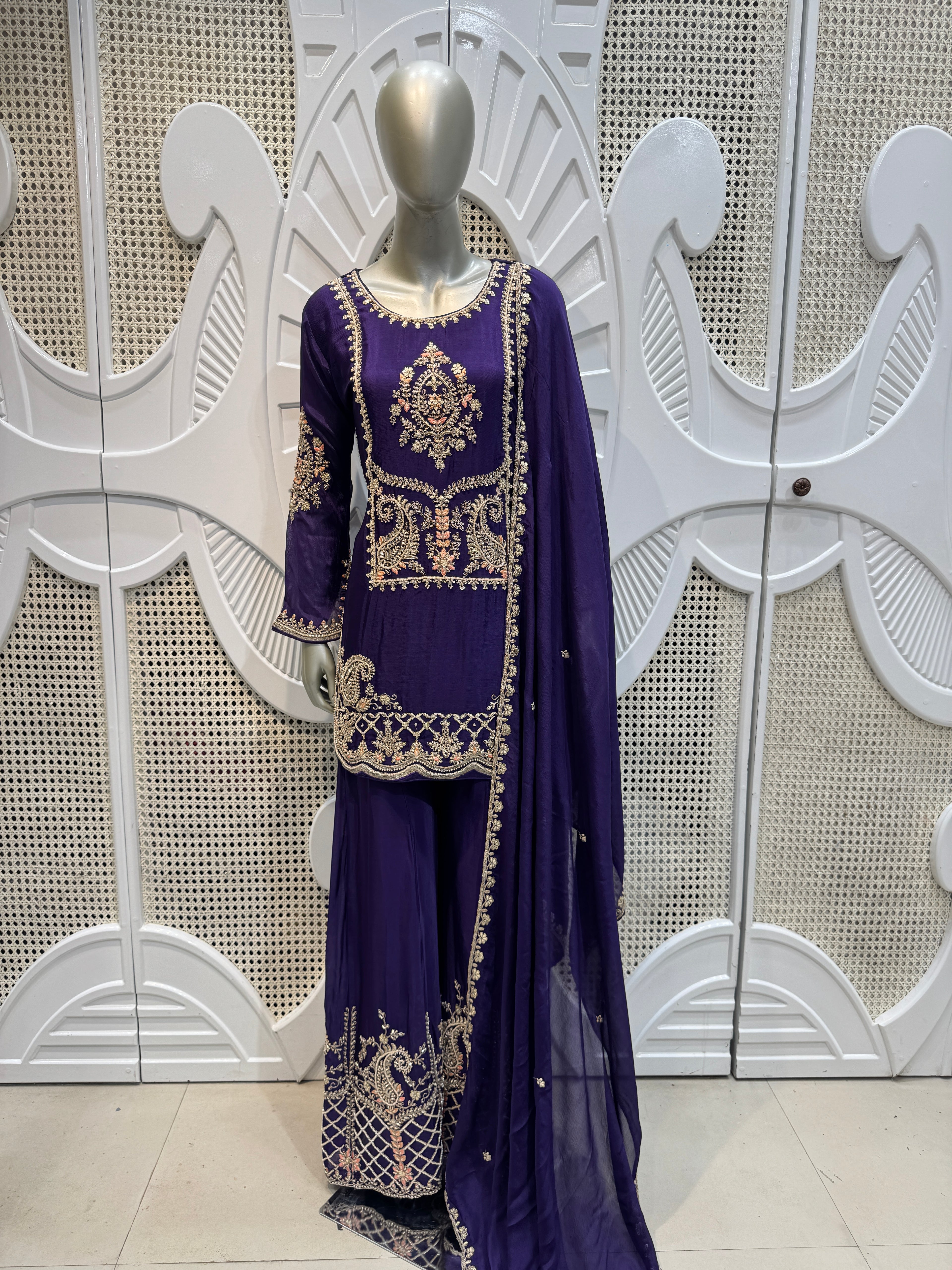 Royal Purple Paisley Embroidered Silk Kurta Plazo Set