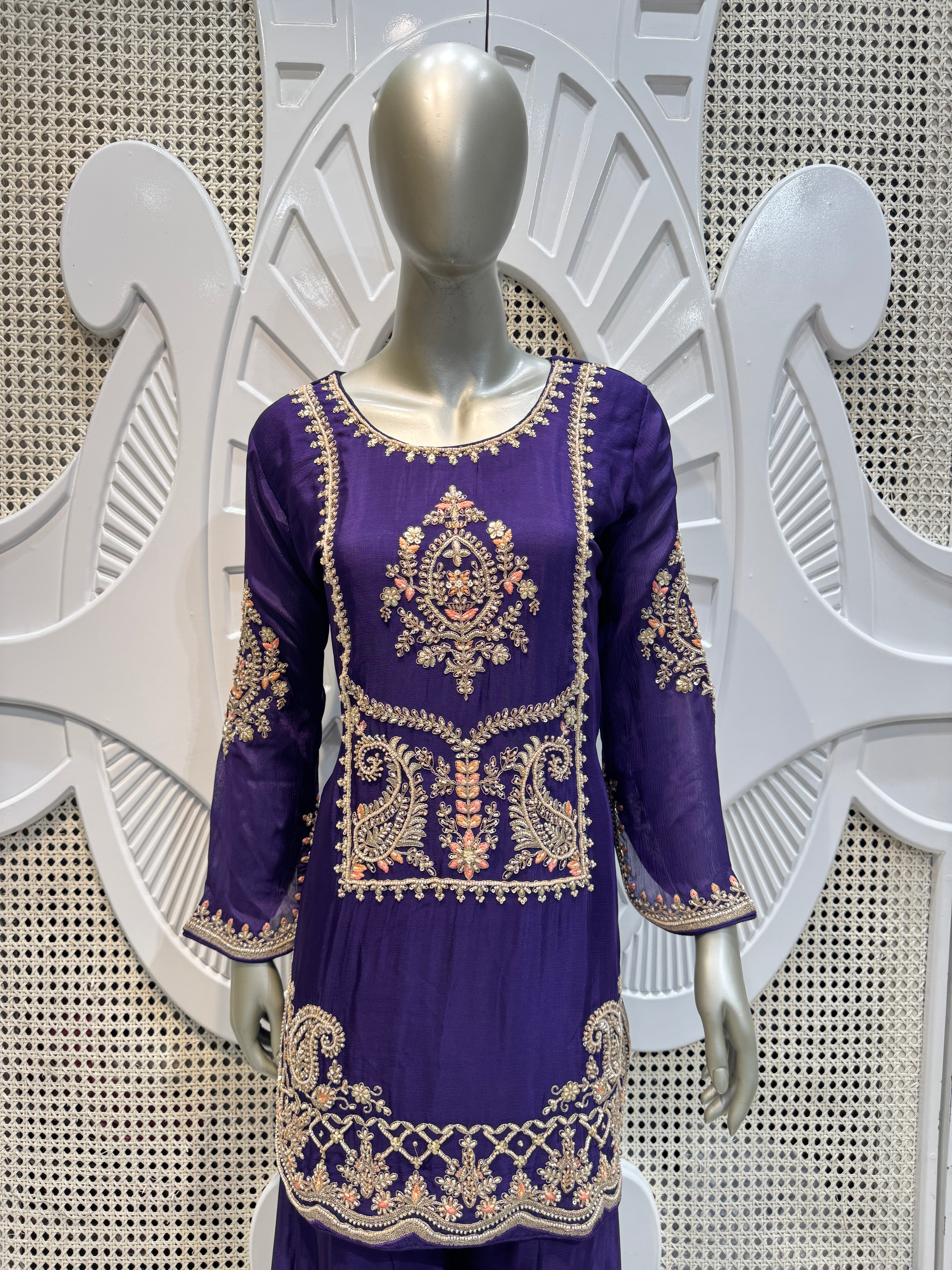 Royal Purple Paisley Embroidered Silk Kurta Plazo Set
