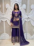 Royal Purple Paisley Embroidered Silk Kurta Plazo Set