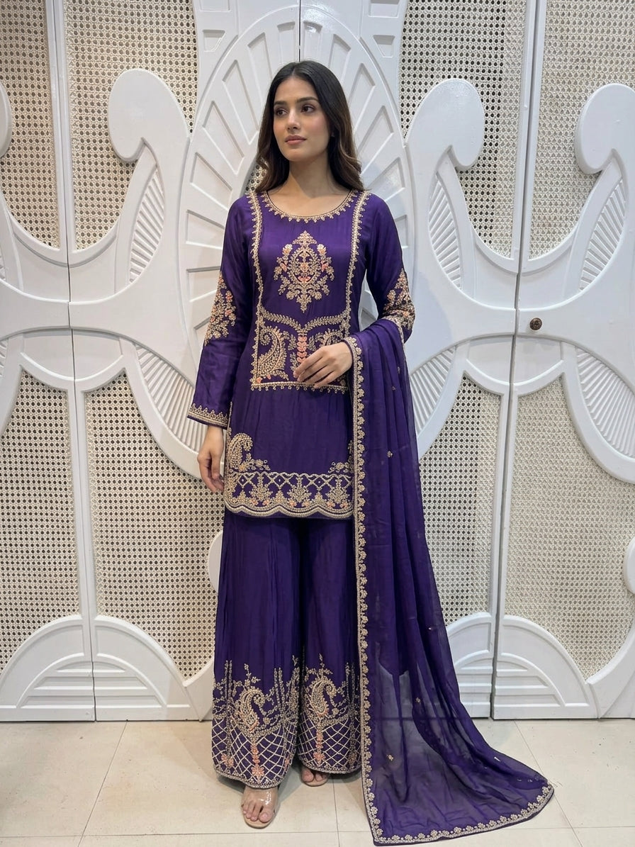Royal Purple Paisley Embroidered Silk Kurta Plazo Set