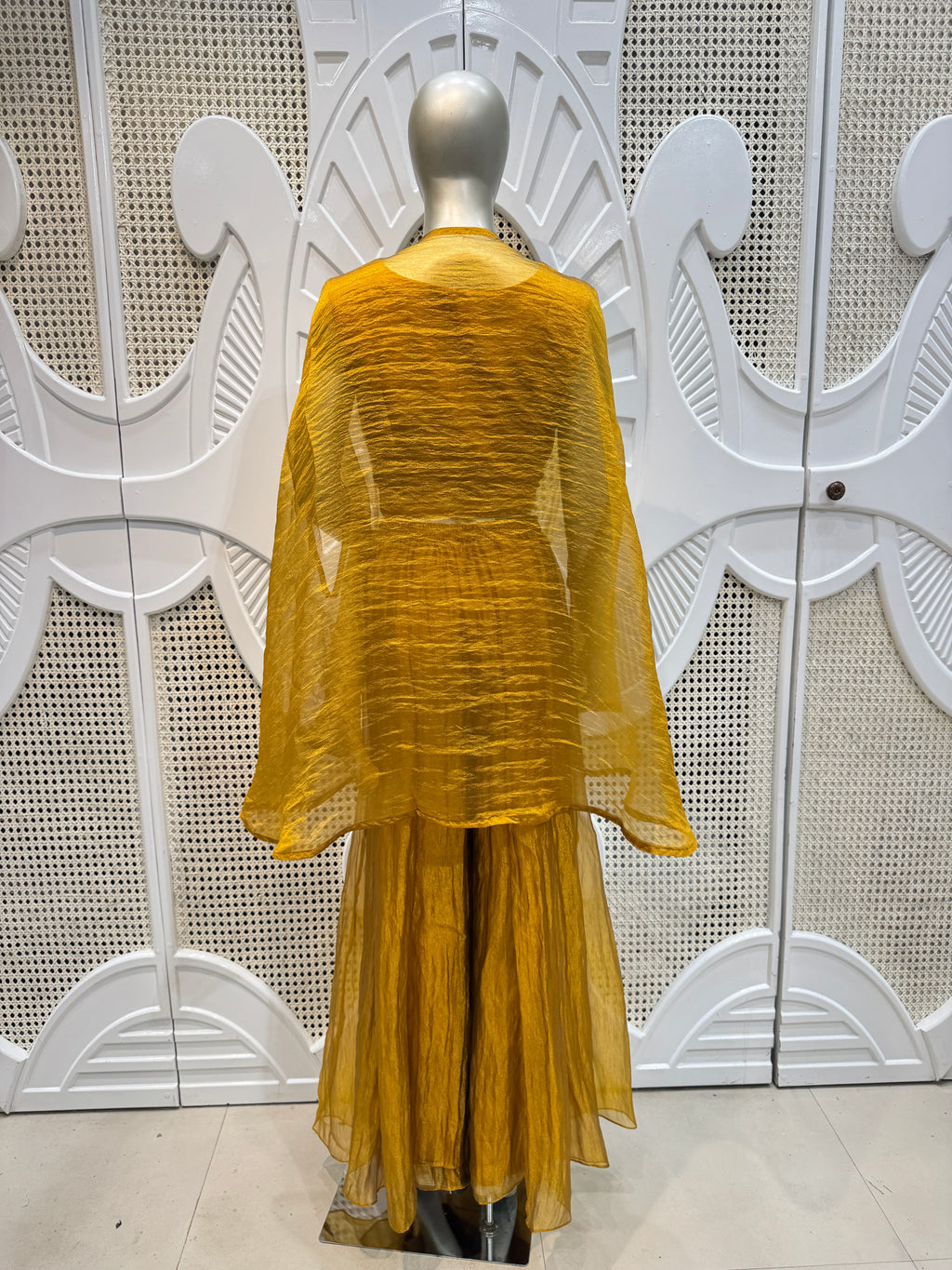 Mustard Crushed Silk Indo-Western Kaftan Sharara Set