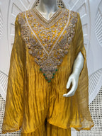 Mustard Crushed Silk Indo-Western Kaftan Sharara Set
