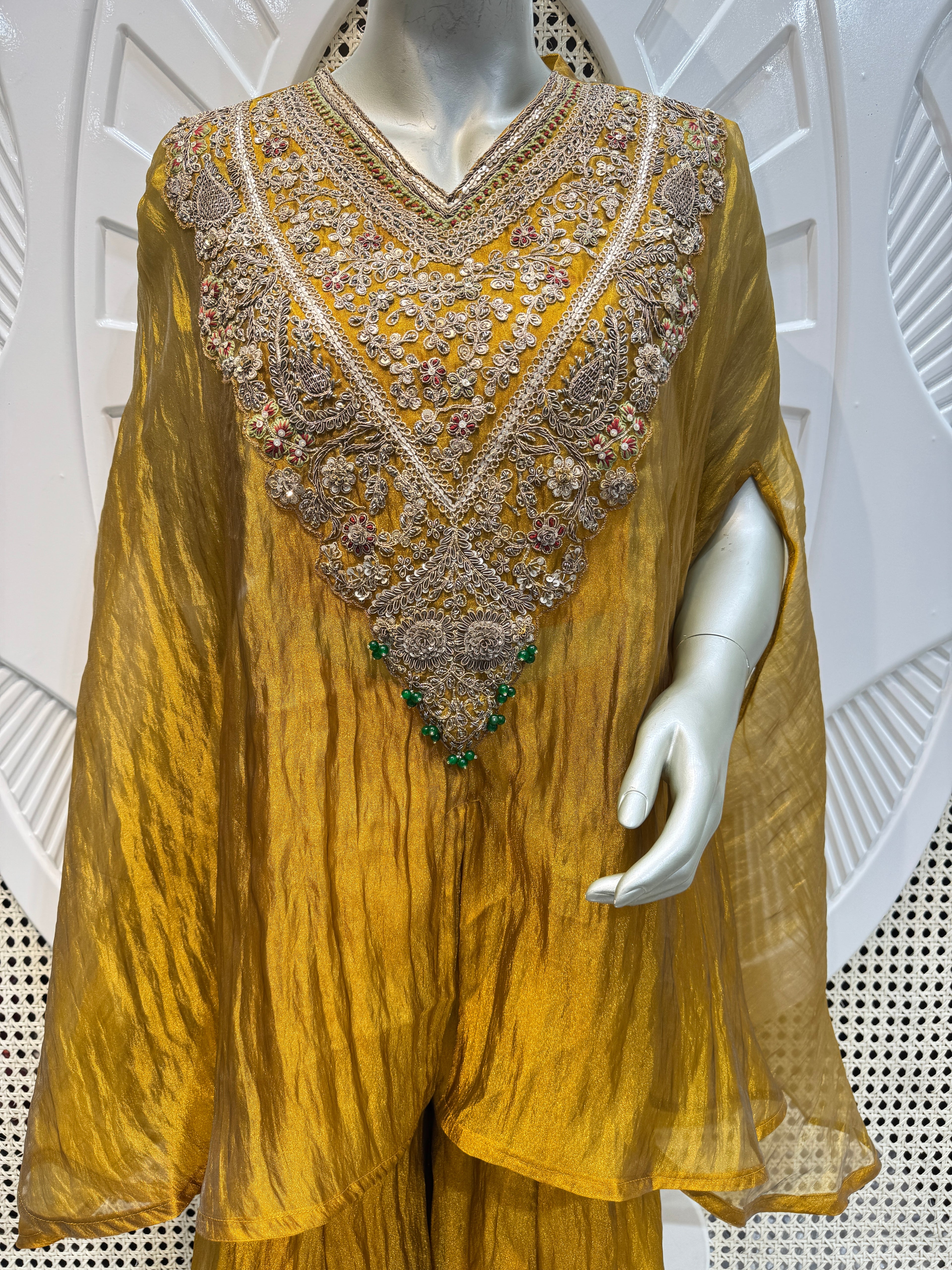 Mustard Crushed Silk Indo-Western Kaftan Sharara Set