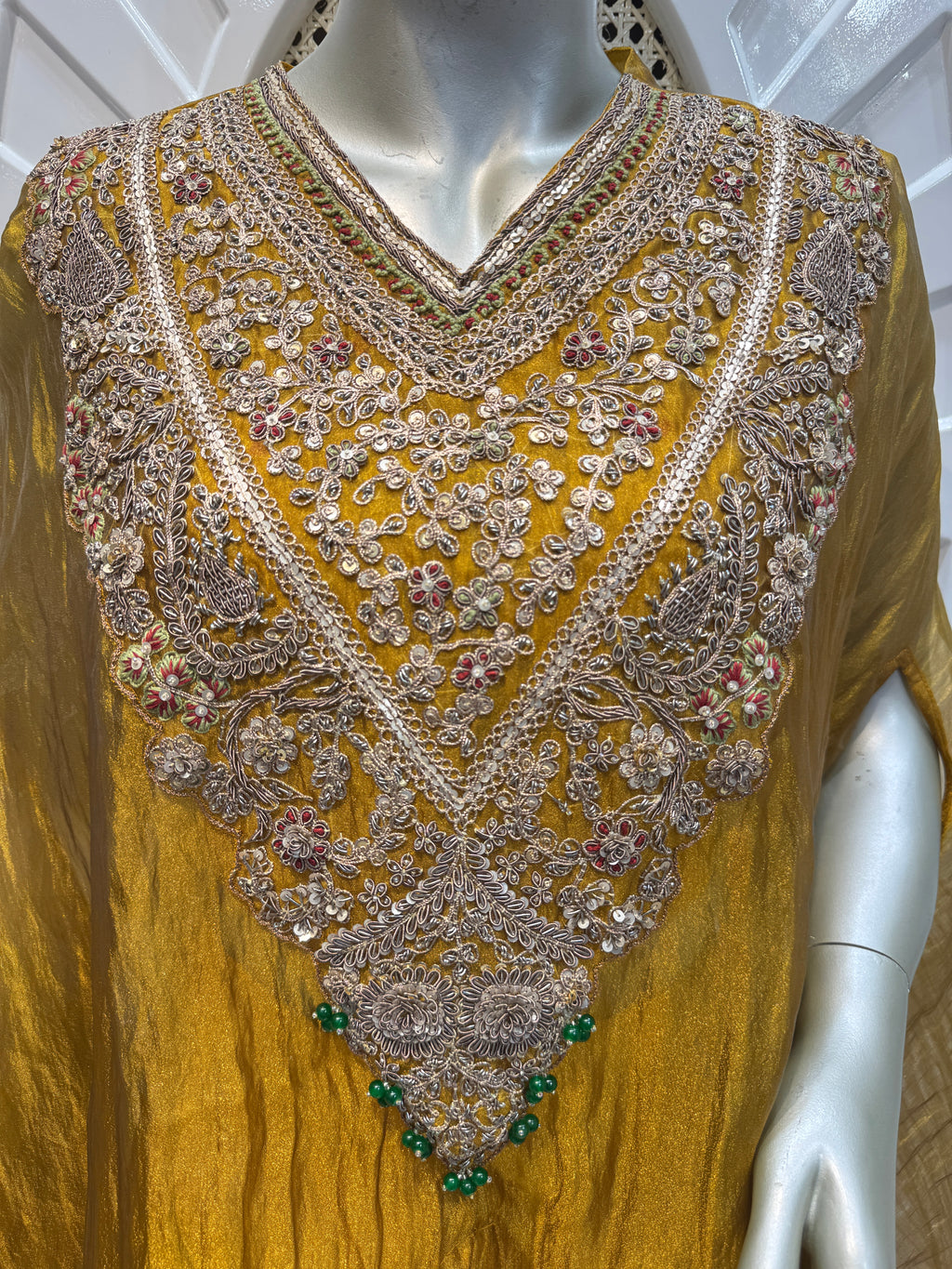 Mustard Crushed Silk Indo-Western Kaftan Sharara Set