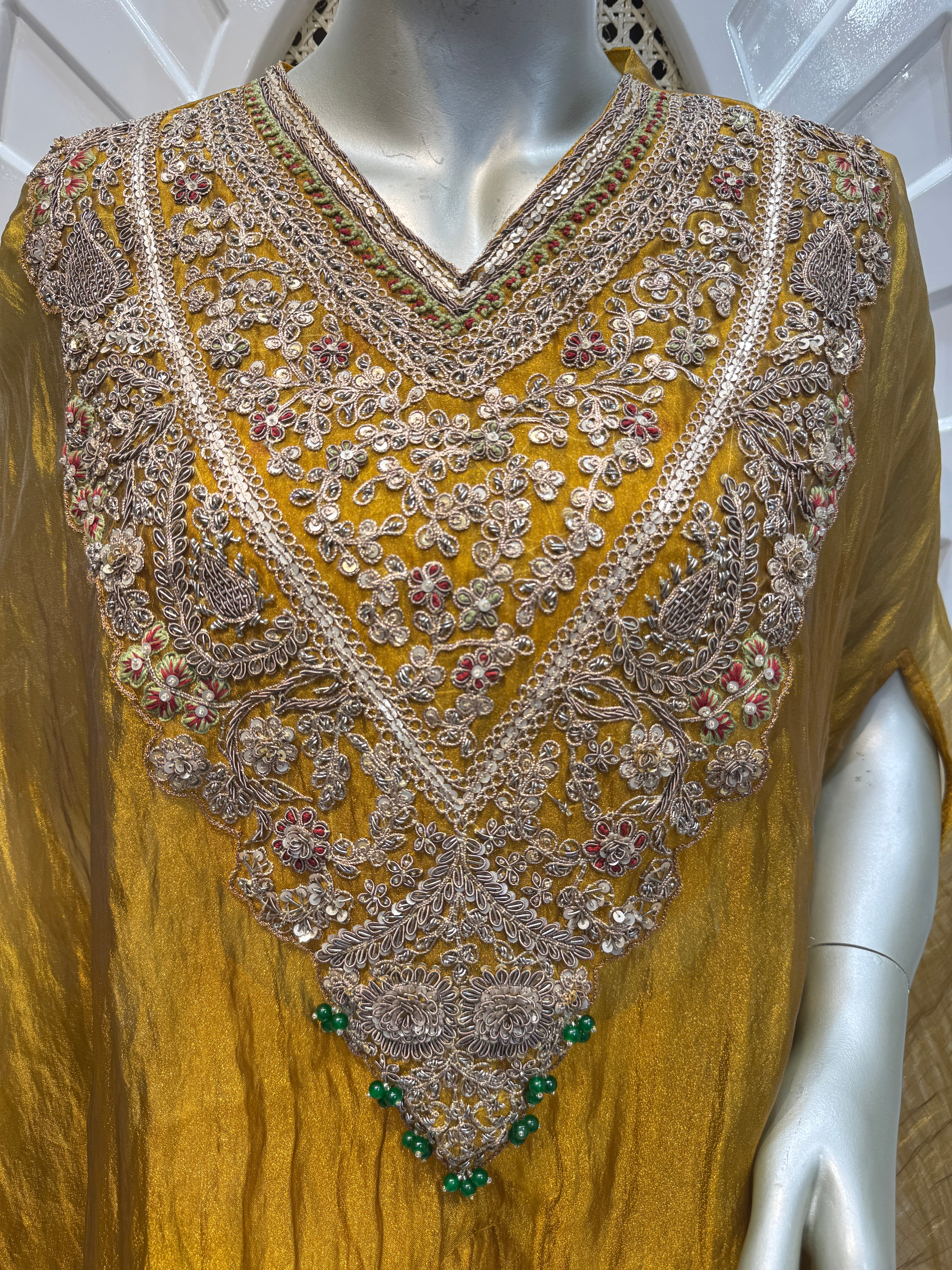 Mustard Crushed Silk Indo-Western Kaftan Sharara Set
