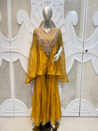 Mustard Crushed Silk Indo-Western Kaftan Sharara Set