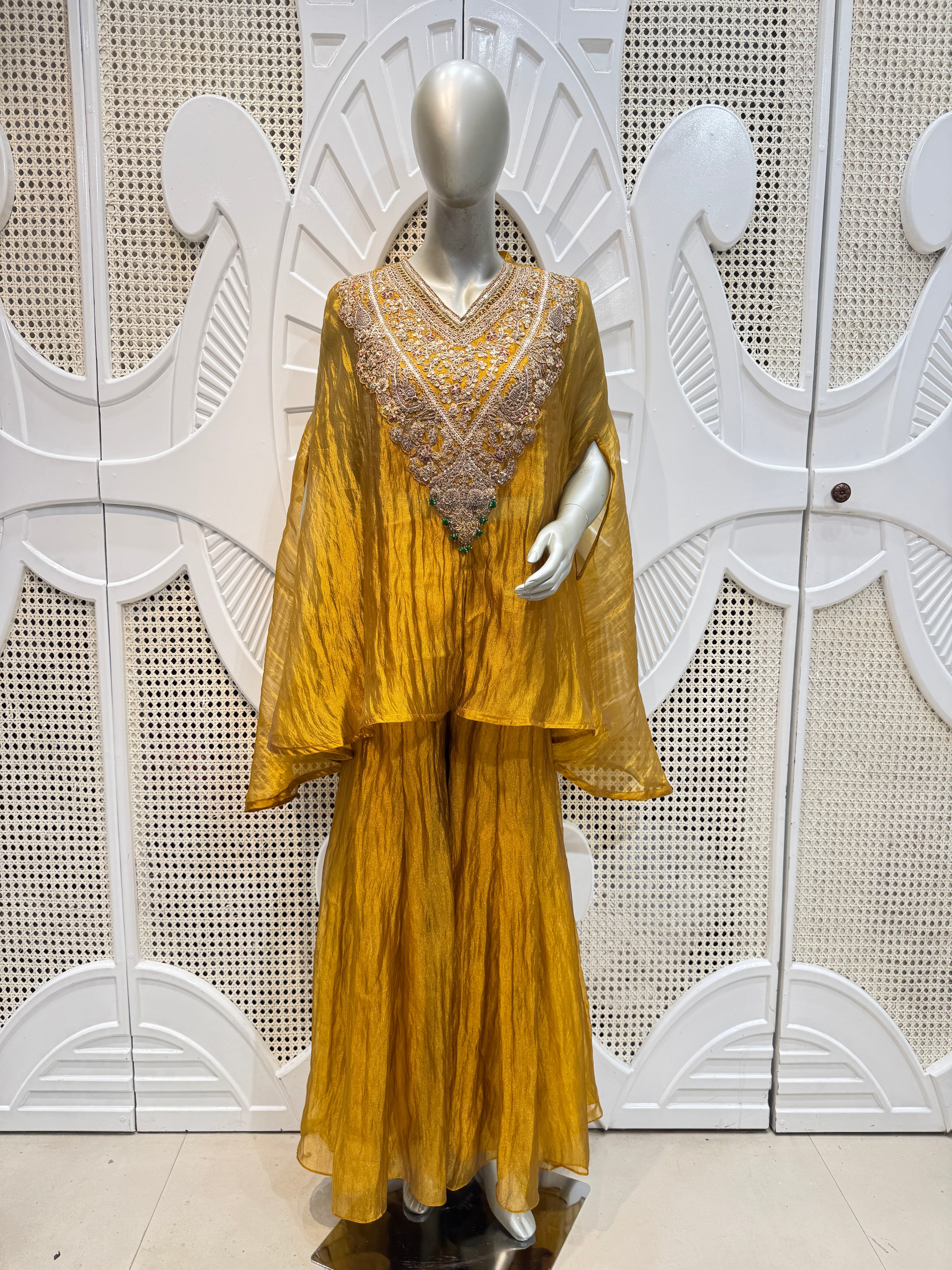 Mustard Crushed Silk Indo-Western Kaftan Sharara Set