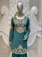 Royal Teal Green Baroque Embroidered Silk Sharara Set