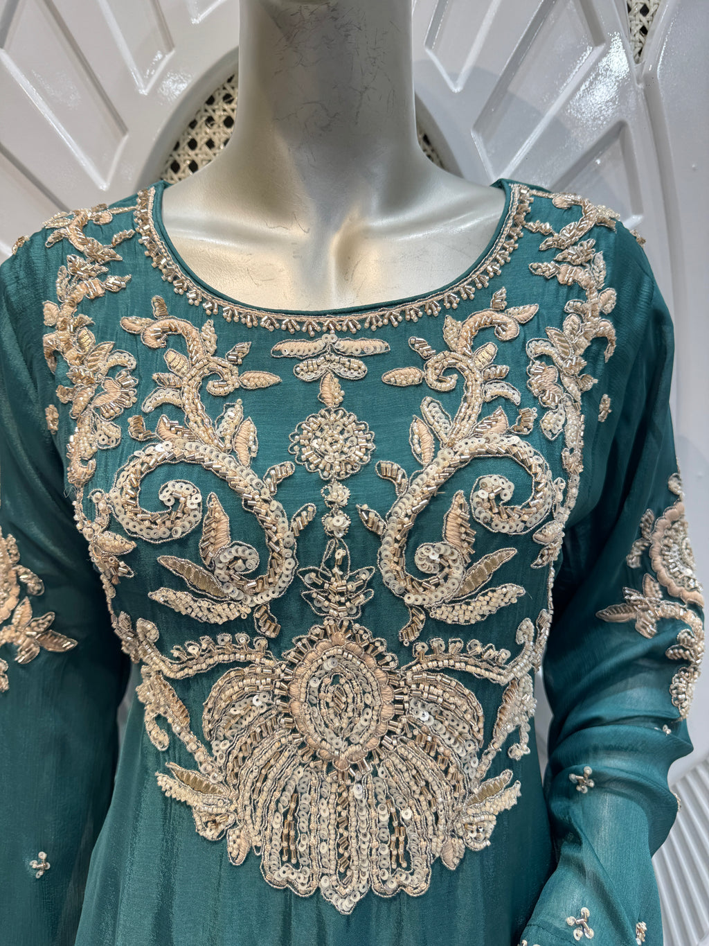 Royal Teal Green Baroque Embroidered Silk Sharara Set