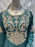 Royal Teal Green Baroque Embroidered Silk Sharara Set