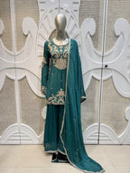 Royal Teal Green Baroque Embroidered Silk Sharara Set