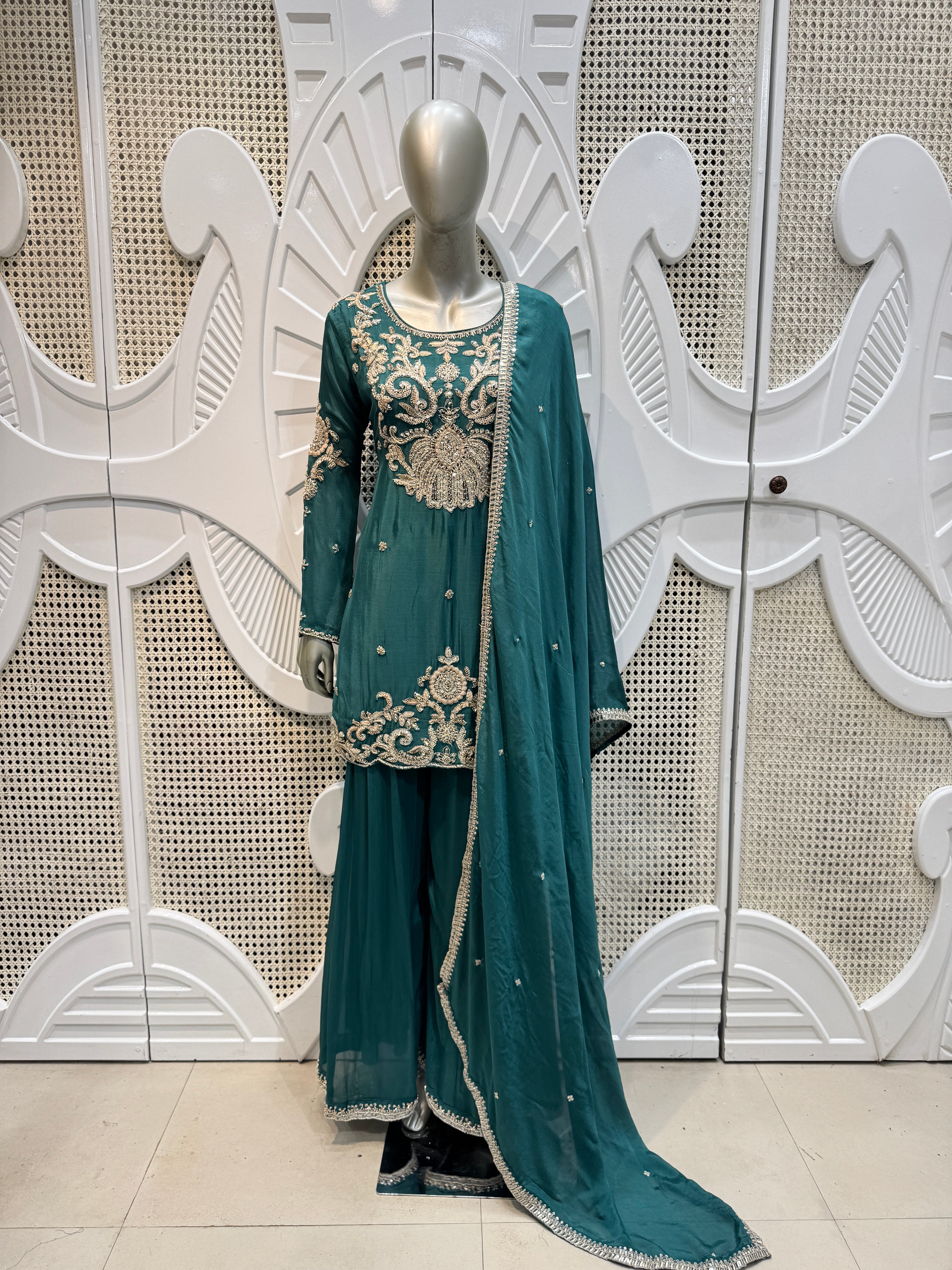 Royal Teal Green Baroque Embroidered Silk Sharara Set