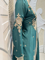 Royal Teal Green Baroque Embroidered Silk Sharara Set