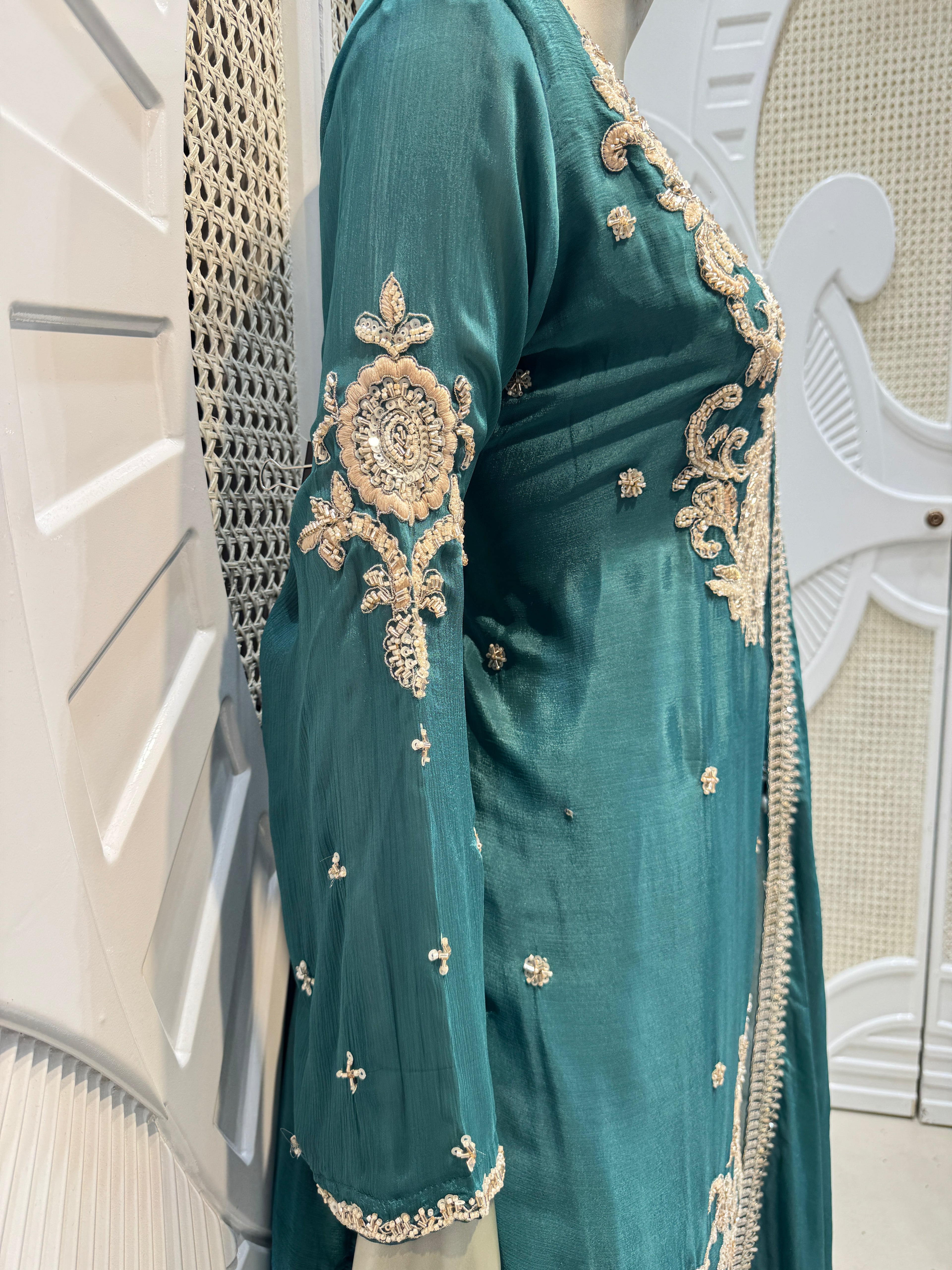 Royal Teal Green Baroque Embroidered Silk Sharara Set