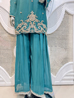Royal Teal Green Baroque Embroidered Silk Sharara Set