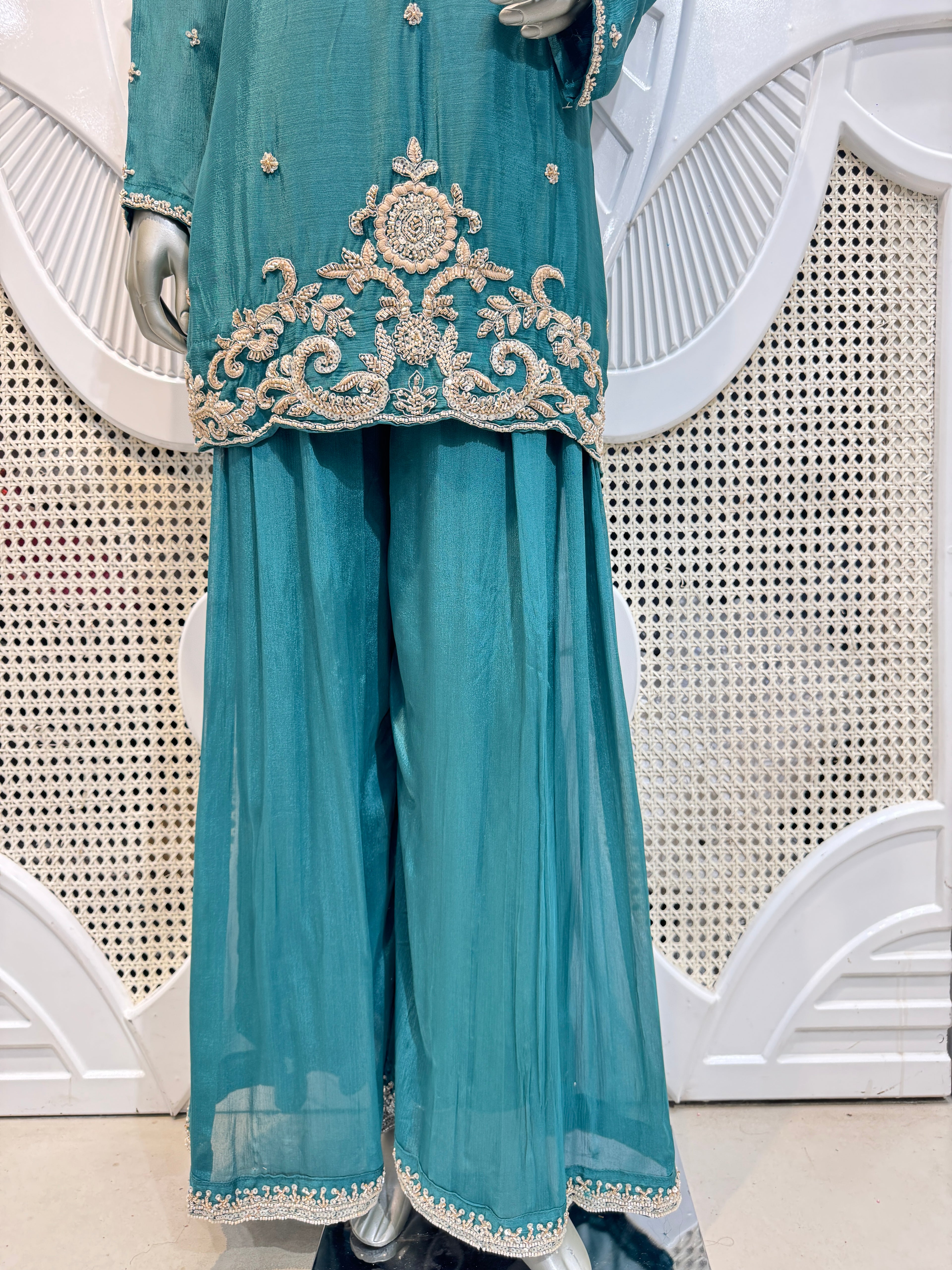 Royal Teal Green Baroque Embroidered Silk Sharara Set