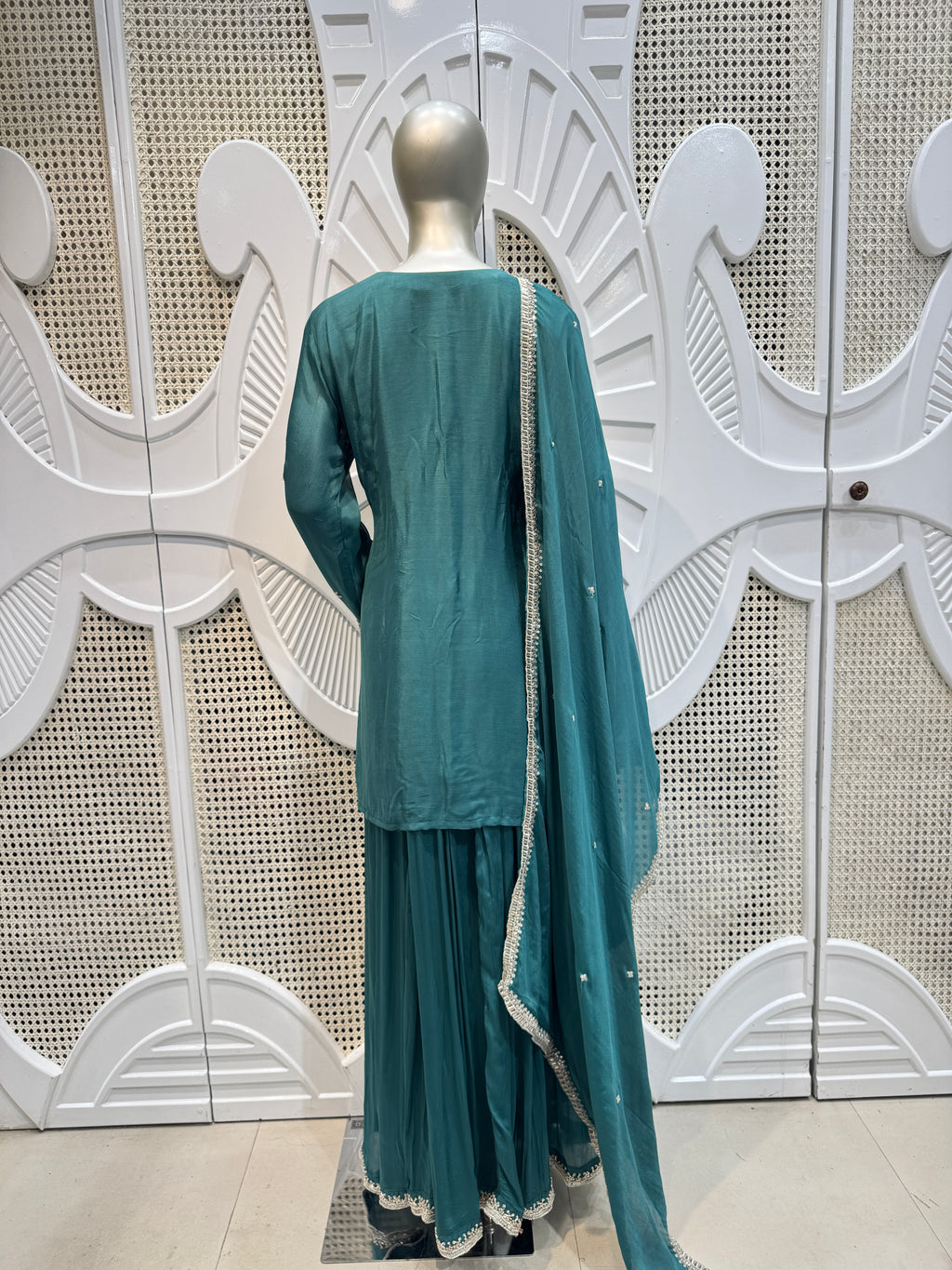 Royal Teal Green Baroque Embroidered Silk Sharara Set