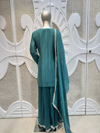 Royal Teal Green Baroque Embroidered Silk Sharara Set