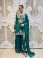 Royal Teal Green Baroque Embroidered Silk Sharara Set