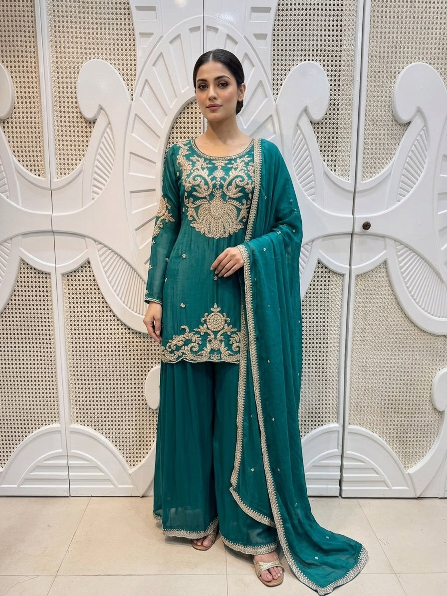Royal Teal Green Baroque Embroidered Silk Sharara Set