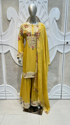 Mustard Yellow Floral Paisley Embroidered Silk Sharara Set