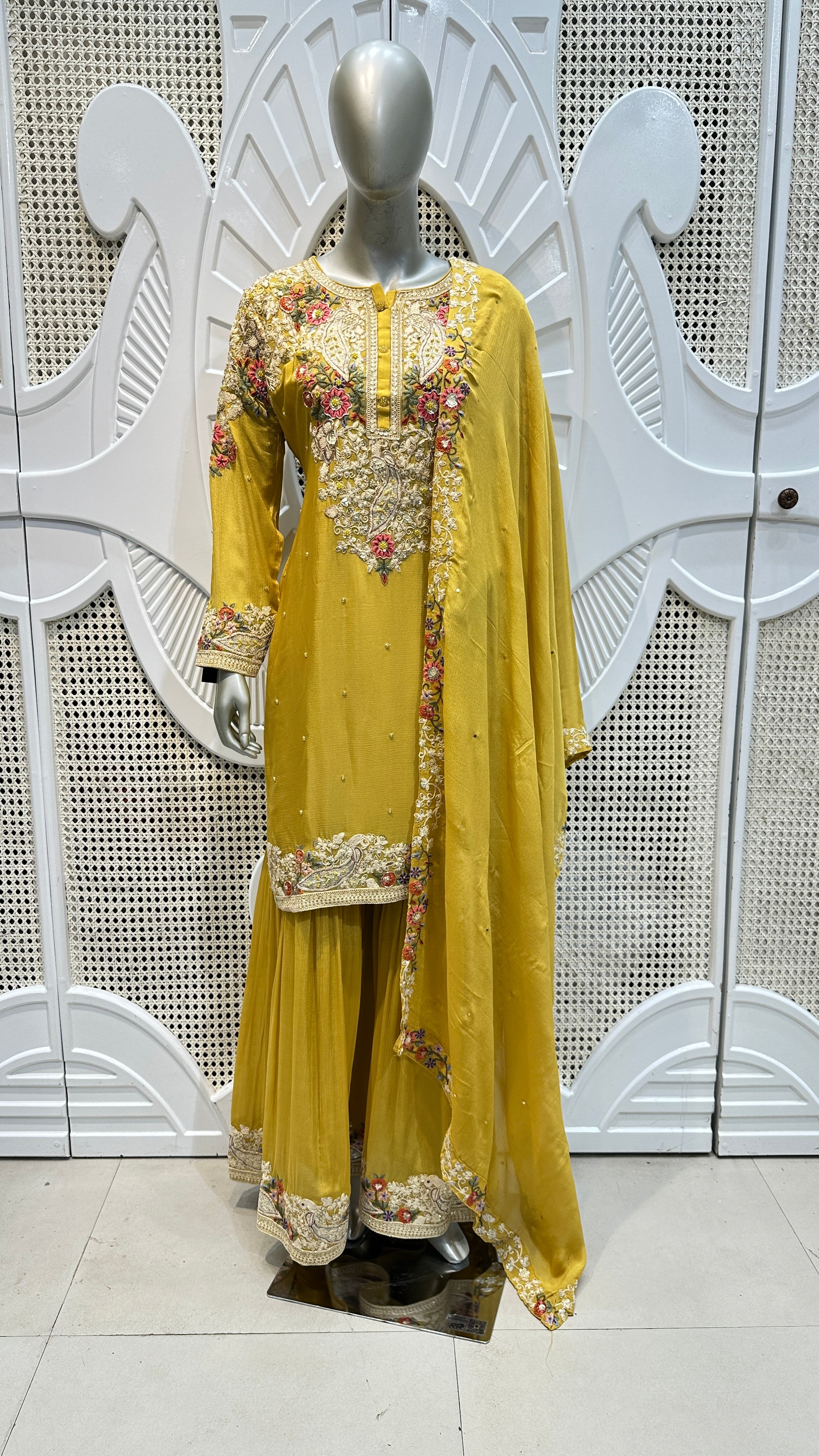 Mustard Yellow Floral Paisley Embroidered Silk Sharara Set