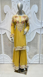 Mustard Yellow Floral Paisley Embroidered Silk Sharara Set