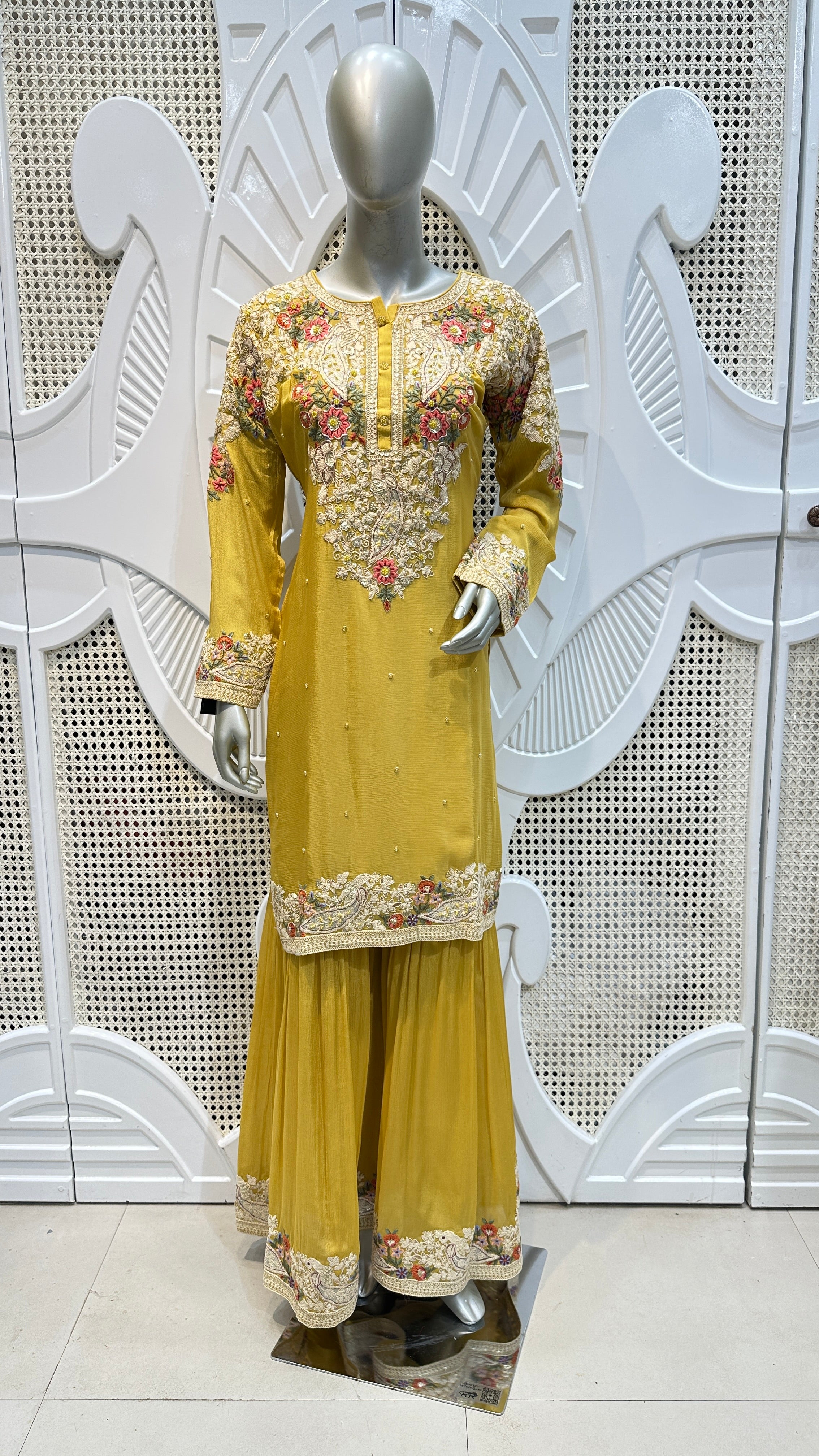 Mustard Yellow Floral Paisley Embroidered Silk Sharara Set