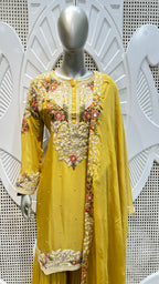 Mustard Yellow Floral Paisley Embroidered Silk Sharara Set