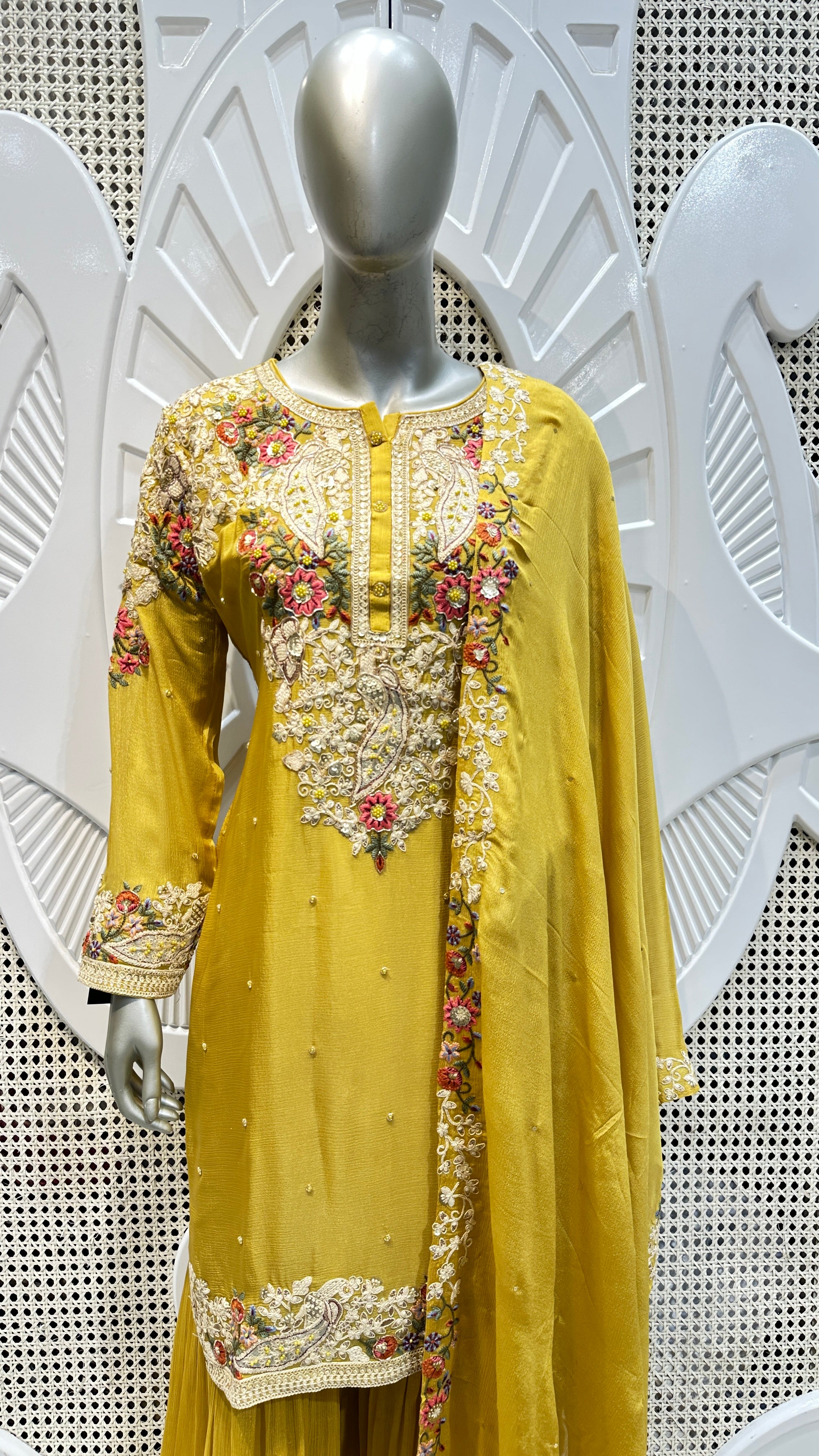 Mustard Yellow Floral Paisley Embroidered Silk Sharara Set