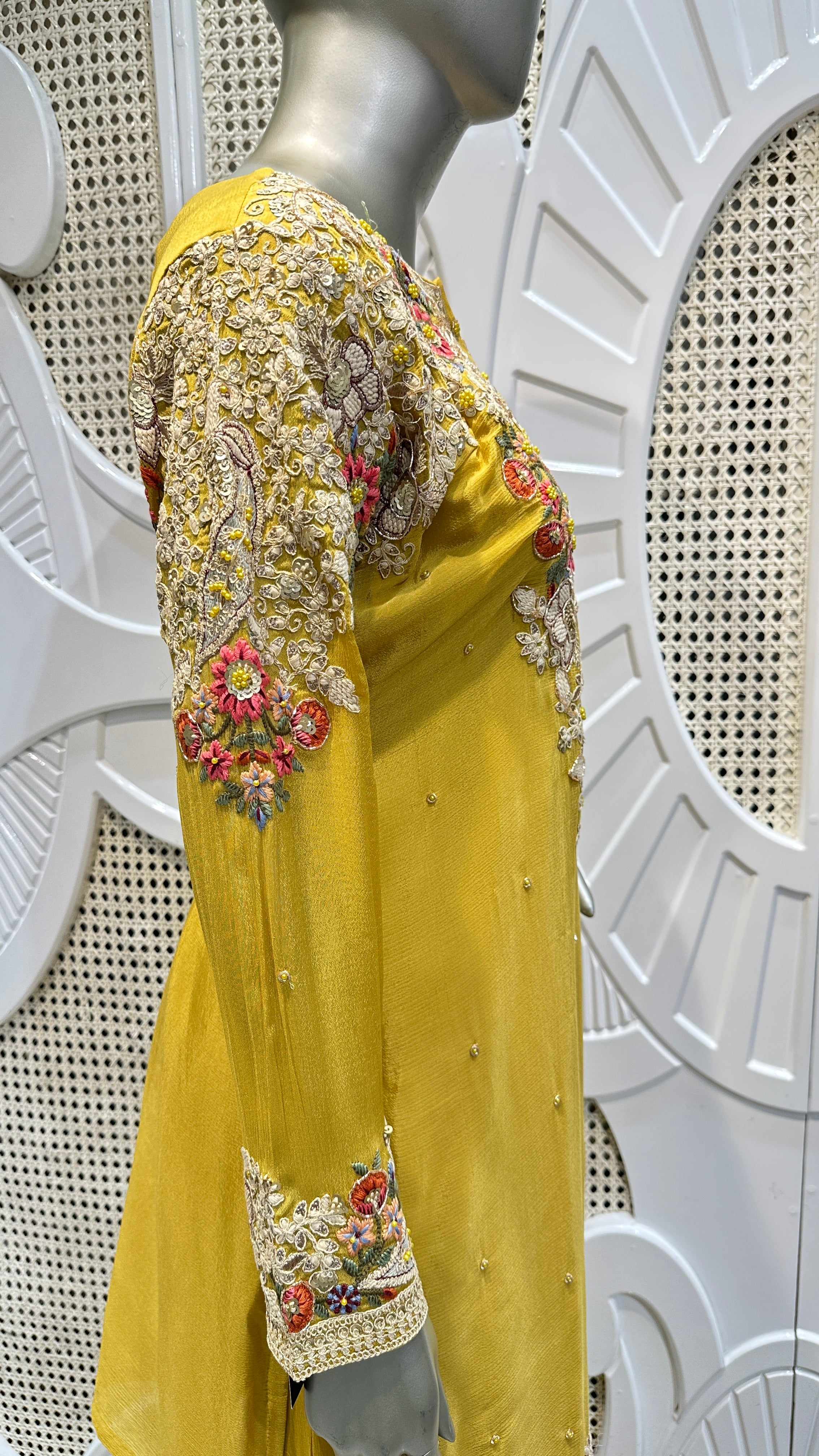 Mustard Yellow Floral Paisley Embroidered Silk Sharara Set