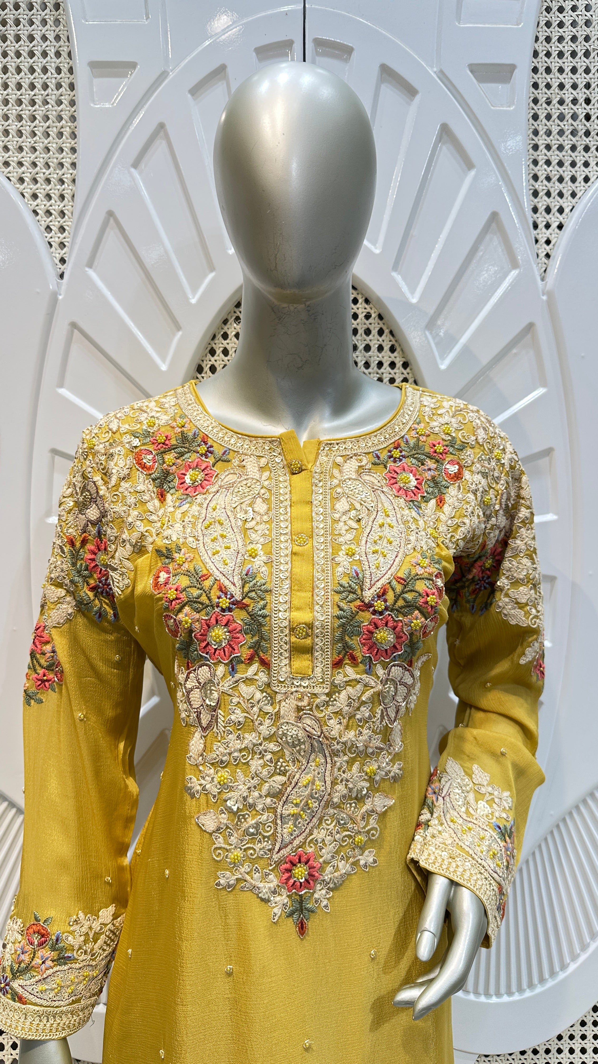 Mustard Yellow Floral Paisley Embroidered Silk Sharara Set