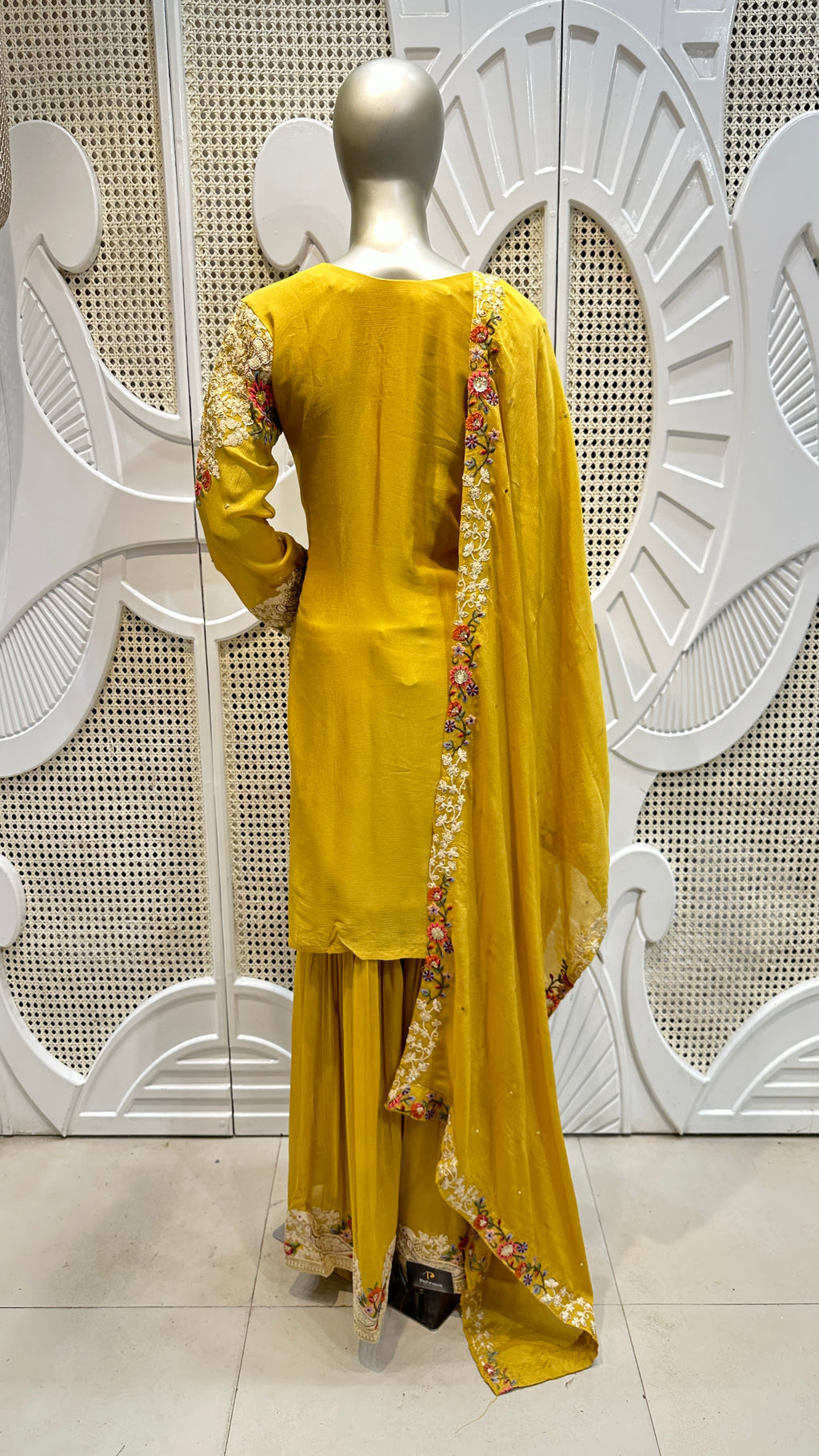 Mustard Yellow Floral Paisley Embroidered Silk Sharara Set