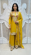 Mustard Yellow Floral Paisley Embroidered Silk Sharara Set