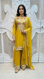 Mustard Yellow Floral Paisley Embroidered Silk Sharara Set
