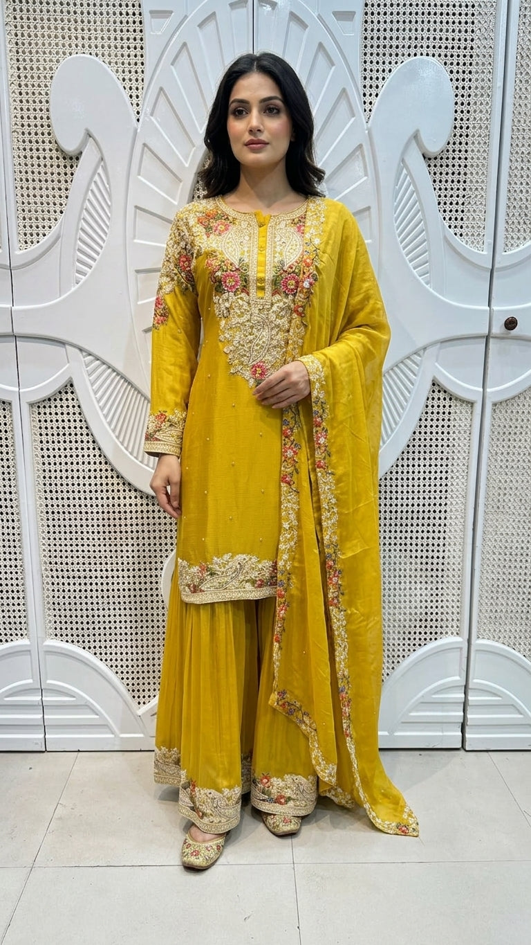 Mustard Yellow Floral Paisley Embroidered Silk Sharara Set