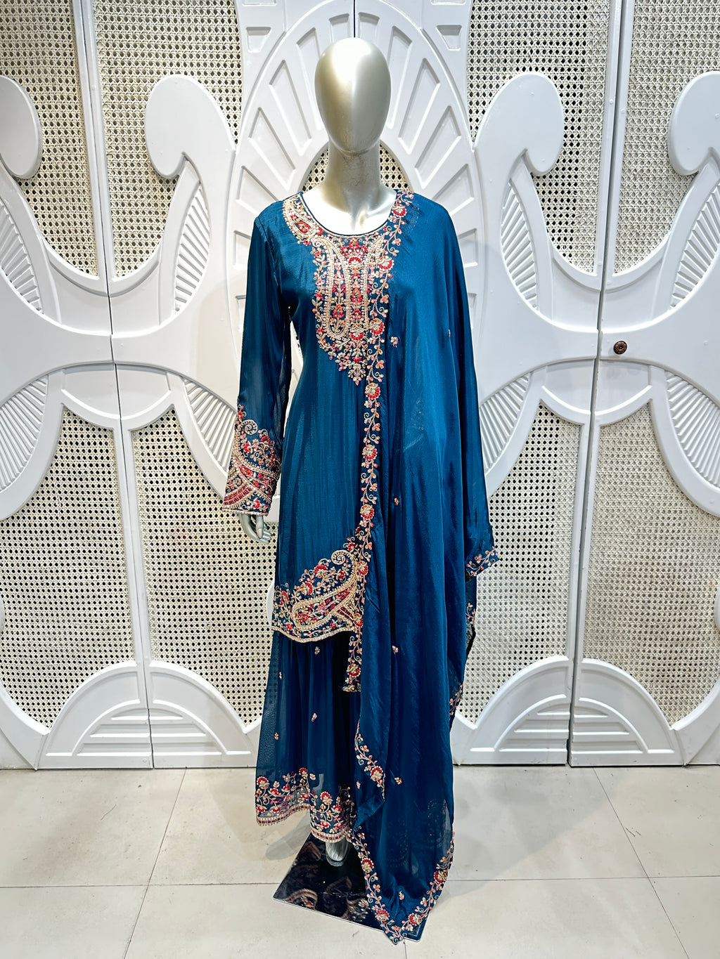 Prussian Blue Royal Paisley Embroidered Silk Sharara Set