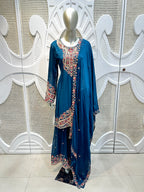 Prussian Blue Royal Paisley Embroidered Silk Sharara Set