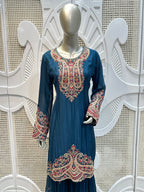 Prussian Blue Royal Paisley Embroidered Silk Sharara Set