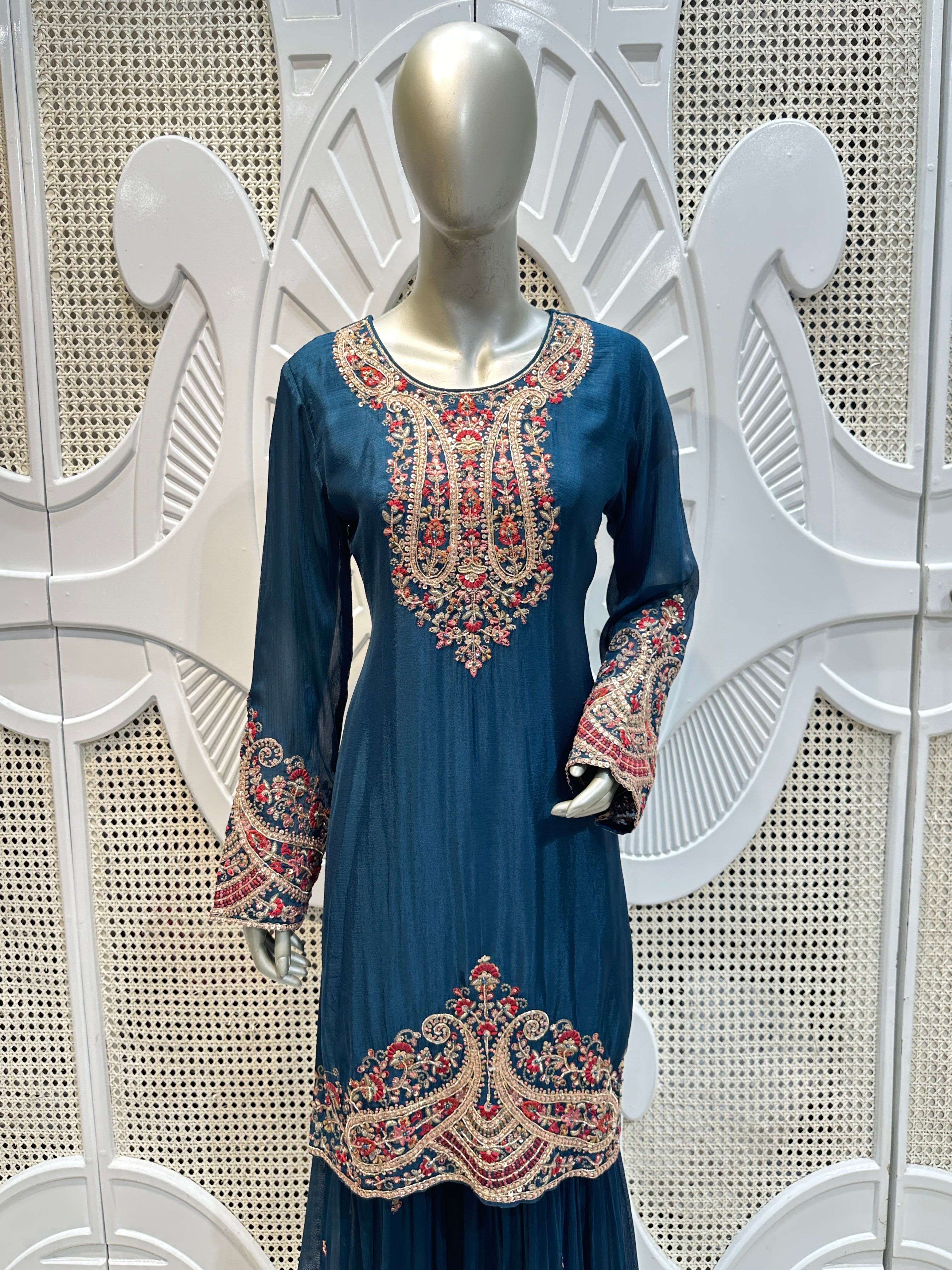 Prussian Blue Royal Paisley Embroidered Silk Sharara Set