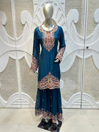 Prussian Blue Royal Paisley Embroidered Silk Sharara Set