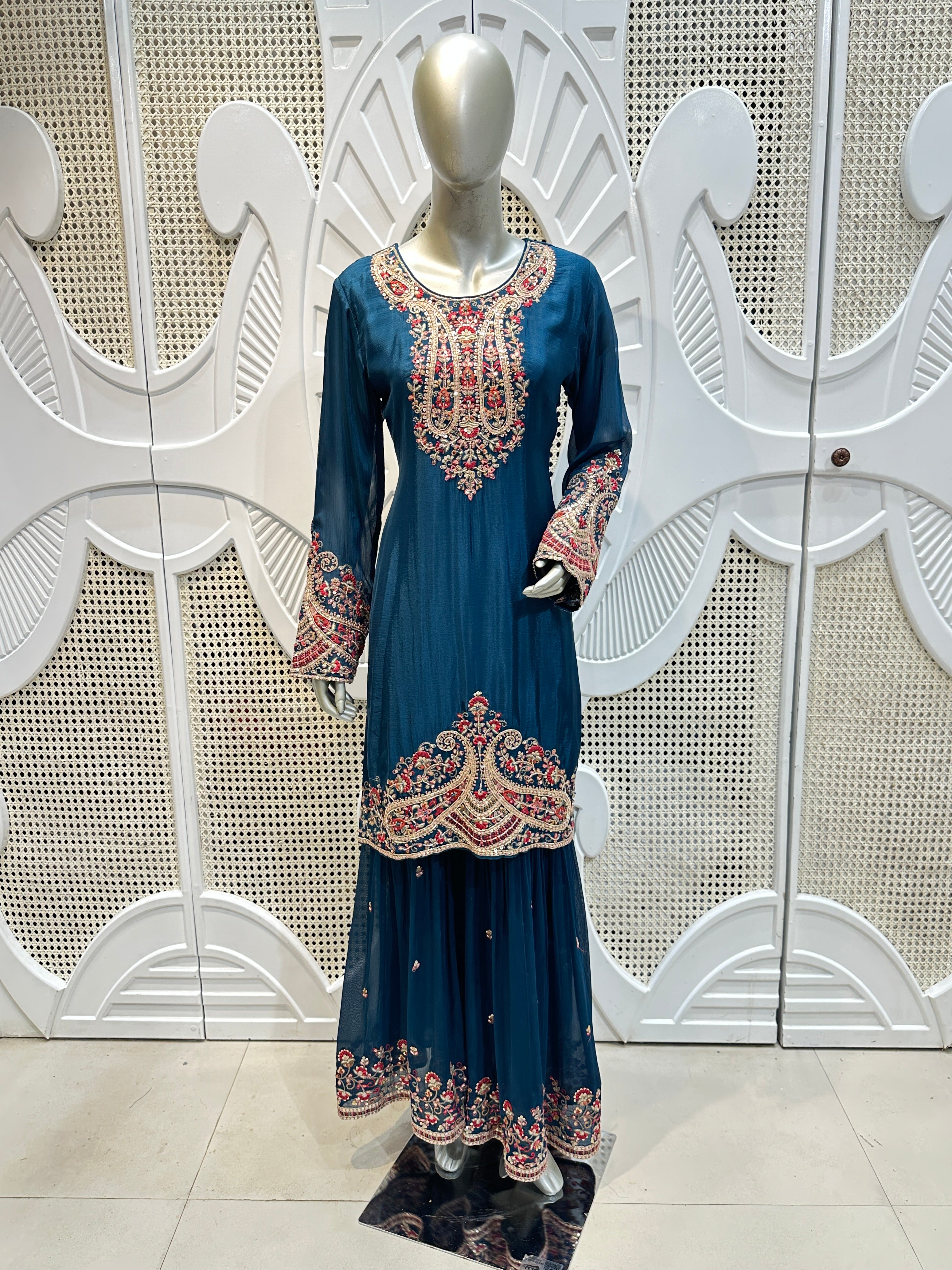 Prussian Blue Royal Paisley Embroidered Silk Sharara Set