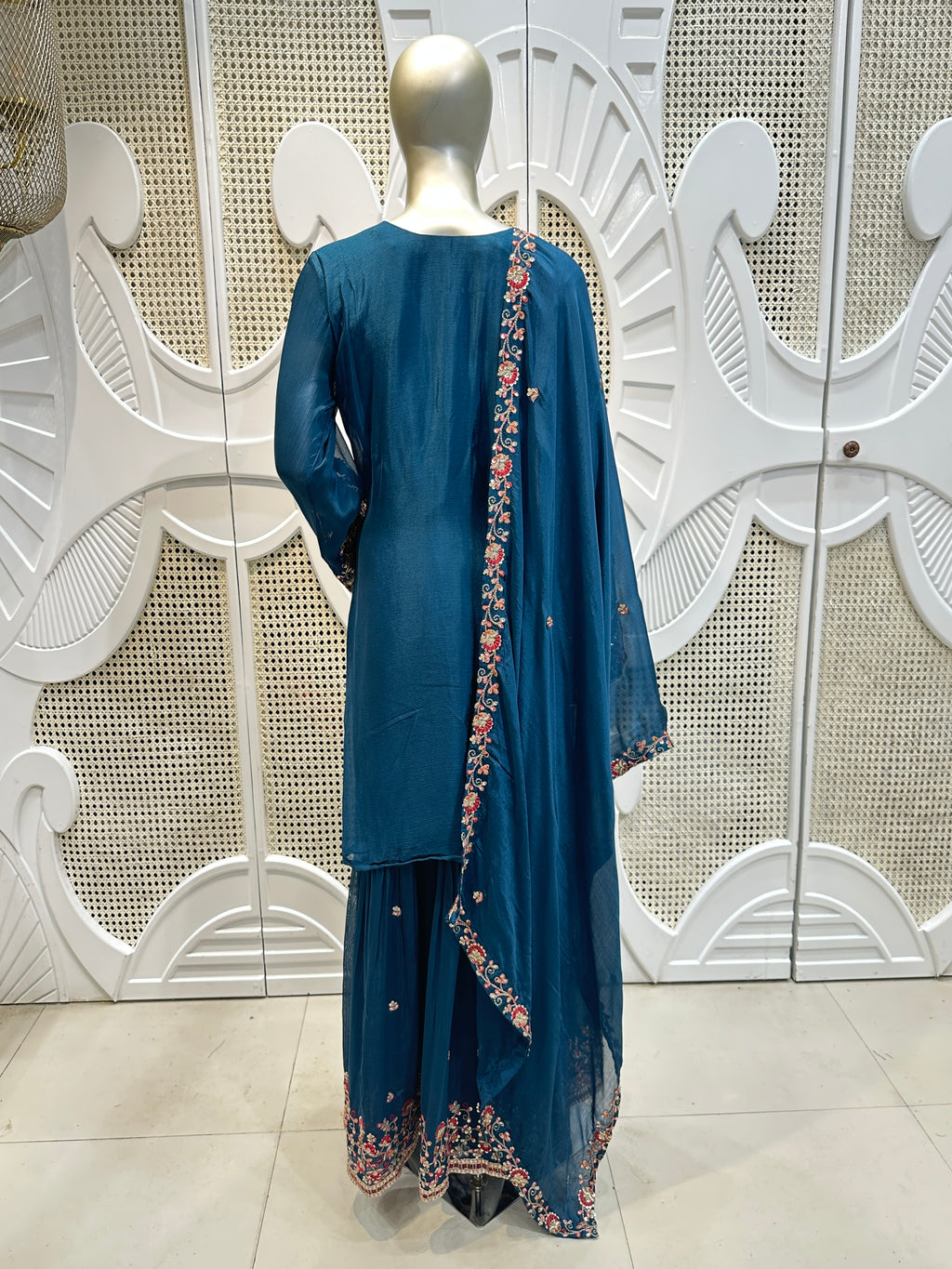 Prussian Blue Royal Paisley Embroidered Silk Sharara Set