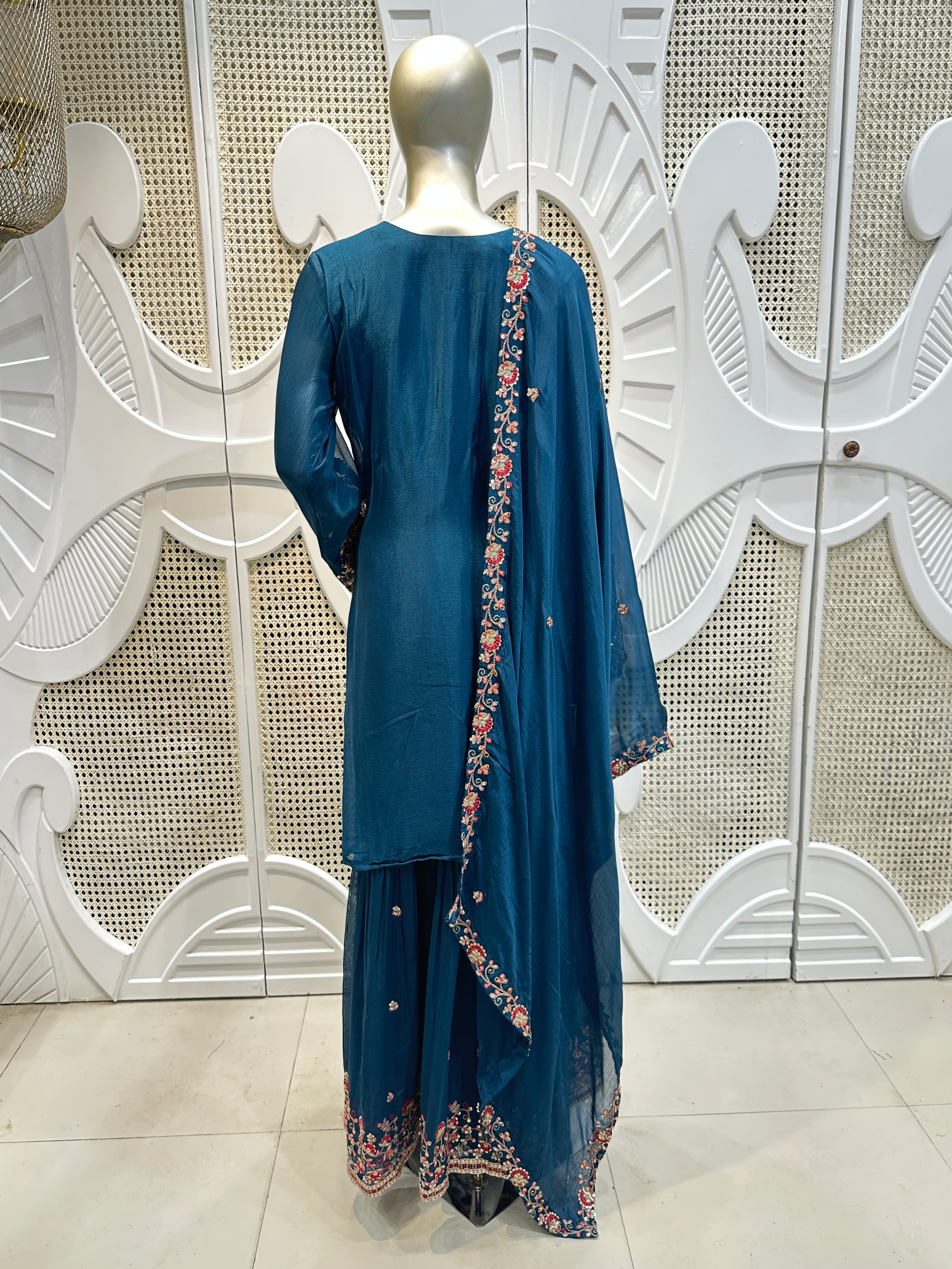 Prussian Blue Royal Paisley Embroidered Silk Sharara Set