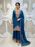 Prussian Blue Royal Paisley Embroidered Silk Sharara Set