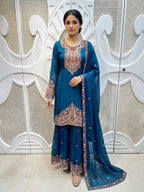 Prussian Blue Royal Paisley Embroidered Silk Sharara Set
